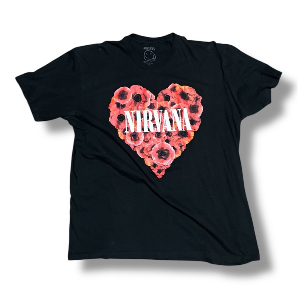 NIRVANA Black Tee with Red Floral Heart Graphic